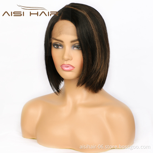 Aisi Hair Cheap Vendors  Black Mixed Brown Bob Short Highlight Low Price Brazilian Straight Lace Wig 100% Human Hair